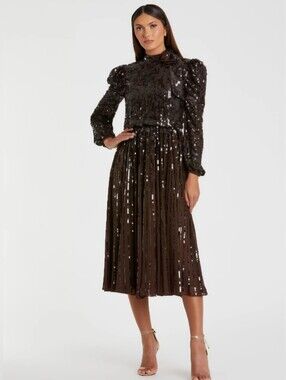 Mac Duggal 93642 Size 8 Long Sleeved Sequin Tea Length Dress